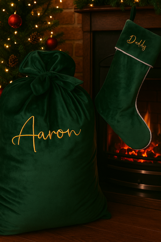 Forest Green Velvet Santa Sack and Stocking Bundle